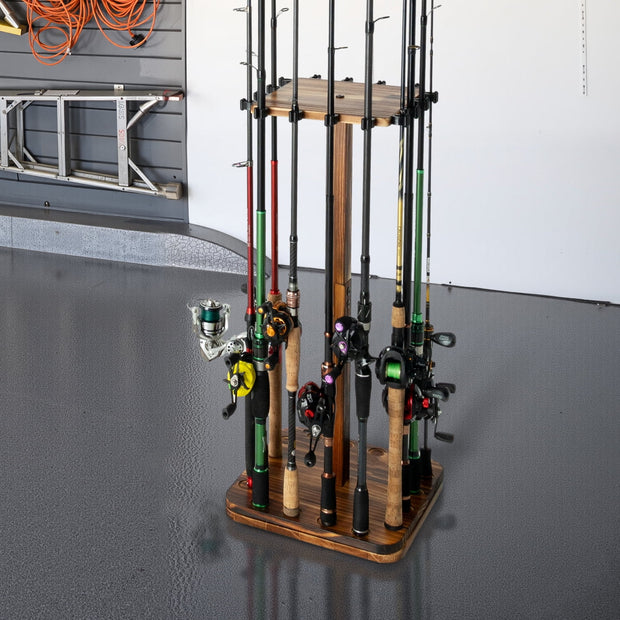 Fishing Rod Holders for Garage 360 Degree Rotating Fishing Pole Rack, Floor Stand Holds up to 16 Rods Wood Fishing Gear Equipment Storage Organizer, Fishing Gifts for Men