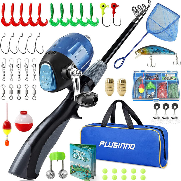 Kids Fishing Pole,Portable Telescopic Fishing Rod and Reel Full Kits, Spincast Youth Fishing Pole Fishing Gear for Kids, Boys