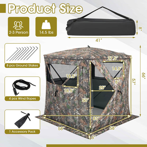 Pop-Up Hunting Blind 2-3 Person - 270° See-Through Ground Tent