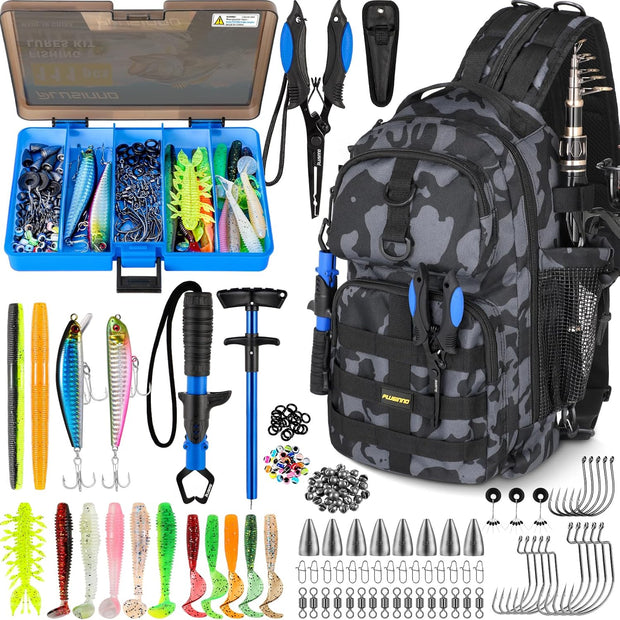 PLUSINNO Fishing Backpack with Tackle Boxes, Waterproof Fishing Sling Tackle Bag