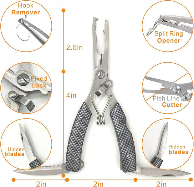 Fishing Pliers Saltwater,Fishing Gear,Fishing Tools,Headbraid Cutters Split Ring Pliers Hook Remover with Sheath and Lanyard (Black)