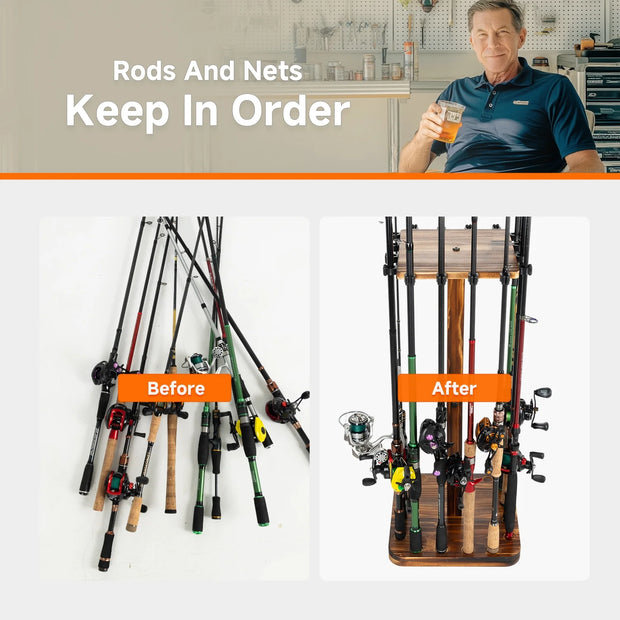 Fishing Rod Holders for Garage 360 Degree Rotating Fishing Pole Rack, Floor Stand Holds up to 16 Rods Wood Fishing Gear Equipment Storage Organizer, Fishing Gifts for Men