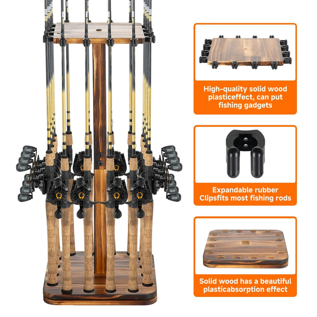 Fishing Rod Holders for Garage 360 Degree Rotating Fishing Pole Rack, Floor Stand Holds up to 16 Rods Wood Fishing Gear Equipment Storage Organizer, Fishing Gifts for Men