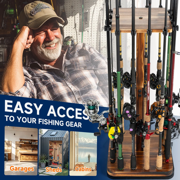 Fishing Rod Holders for Garage 360 Degree Rotating Fishing Pole Rack, Floor Stand Holds up to 16 Rods Wood Fishing Gear Equipment Storage Organizer, Fishing Gifts for Men