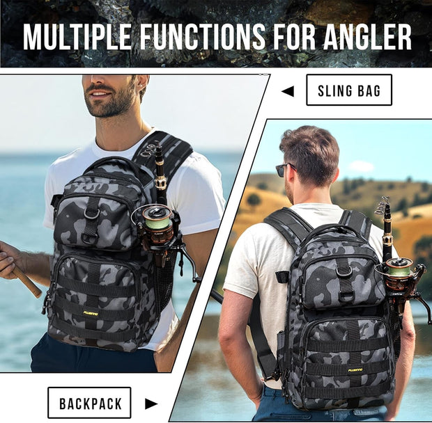 PLUSINNO Fishing Backpack with Tackle Boxes, Waterproof Fishing Sling Tackle Bag