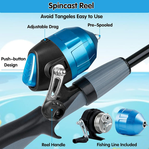 Kids Fishing Pole,Portable Telescopic Fishing Rod and Reel Full Kits, Spincast Youth Fishing Pole Fishing Gear for Kids, Boys